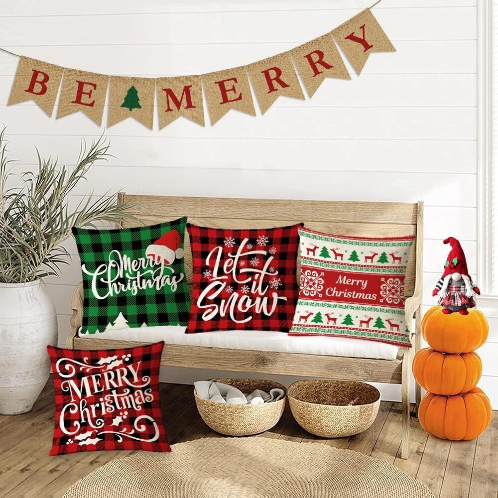9873 Christmas Pillow Covers 12x12 Set of 4 Red Green Xmas Decorative Throw - Picture 7 of 8